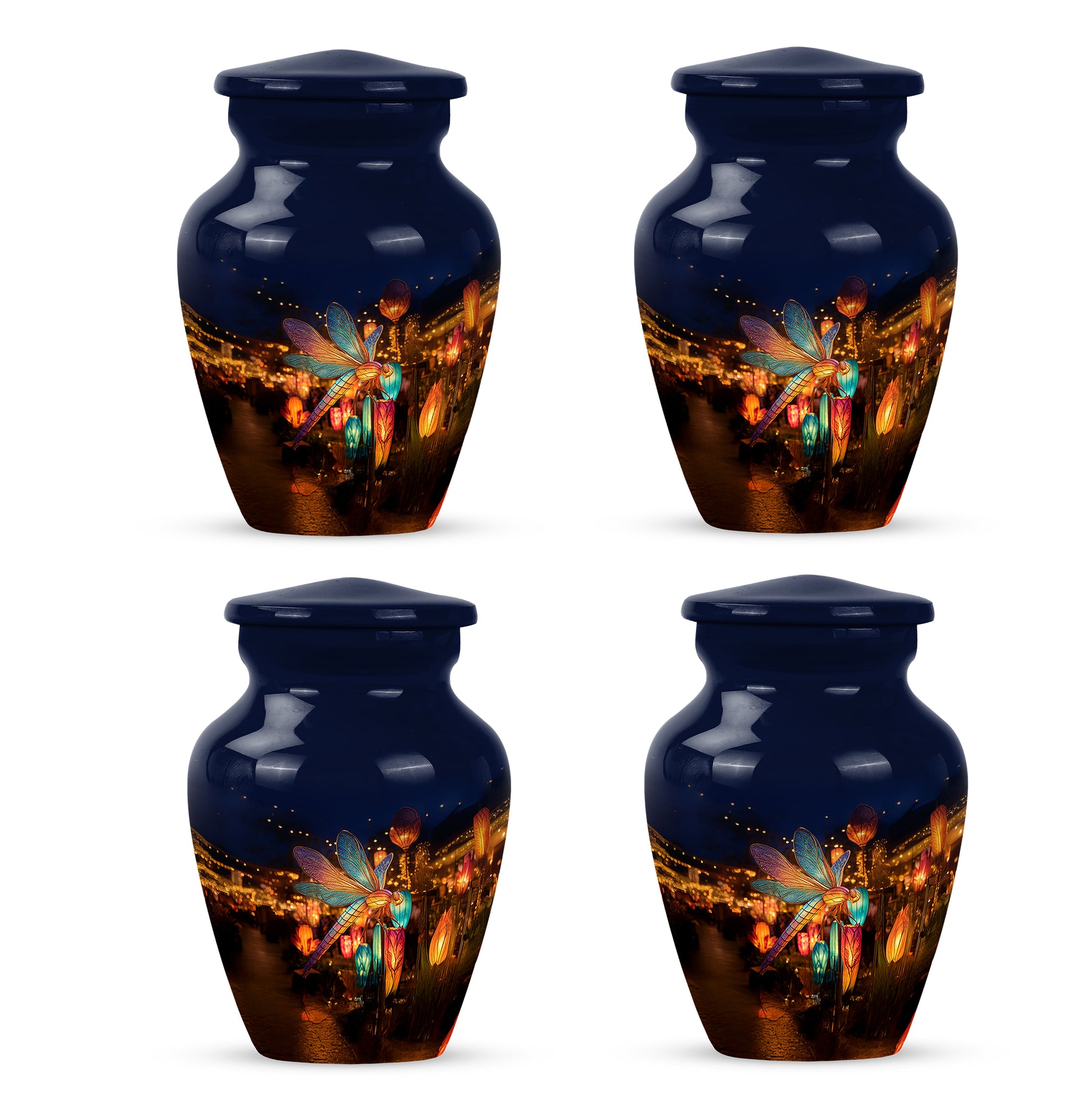 Bright Blue Dragonfly Cremation Urn side profile showing urn shape - elegant classic dragonfly relief with fine detailing - 10 inch aluminum urn for cremated remains