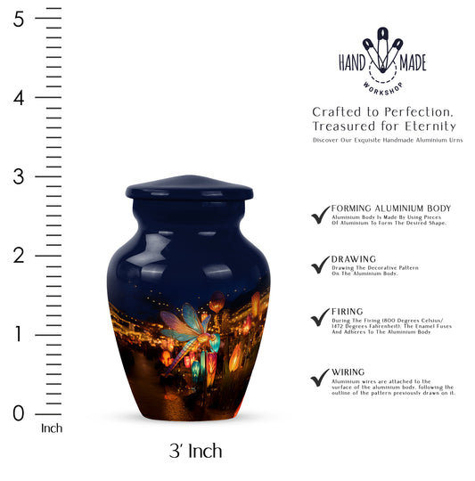 Navy Blue Dragonfly Cremation Urn close-up of engraving and surface detail - timeless dragonfly motif etched into premium metal - mini keepsake memorial for portion of cremation ashes