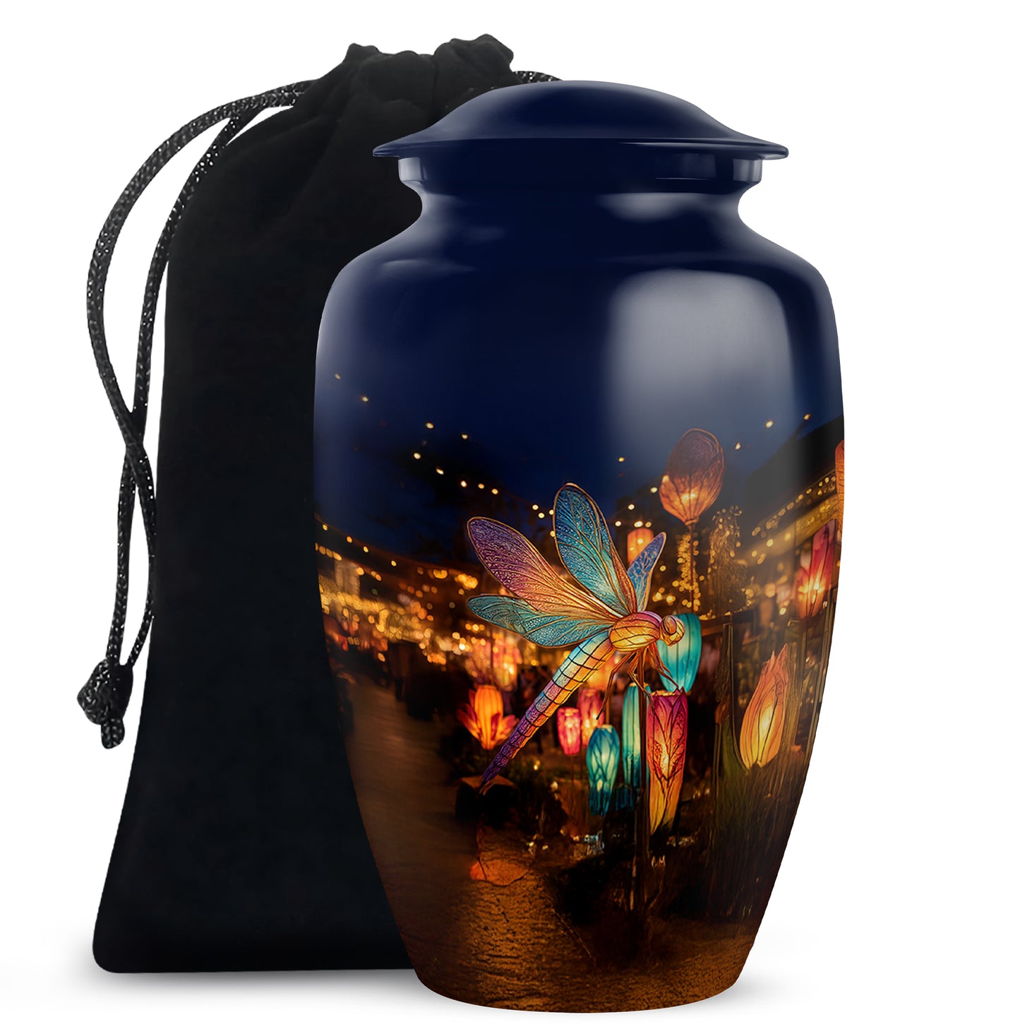 Navy Blue Dragonfly Cremation Urn angled view of lid and engraved motif - timeless dragonfly motif etched into premium metal - full-size 10 inch 200 cubic inch adult cremation urn