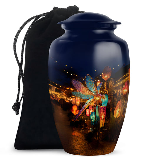 Navy Blue Dragonfly Cremation Urn angled view of lid and engraved motif - timeless dragonfly motif etched into premium metal - full-size 10 inch 200 cubic inch adult cremation urn
