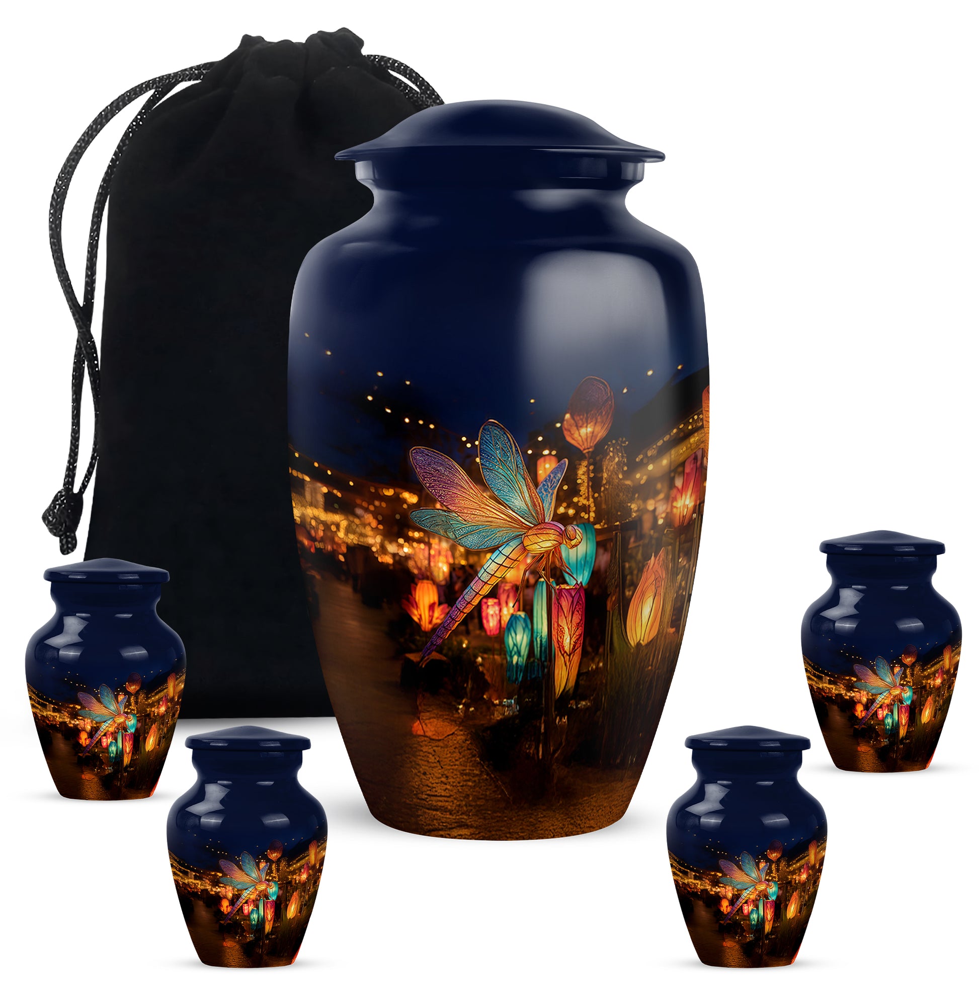 Royal Blue Dragonfly Cremation Urn top-down view of secure threaded lid - elegant classic dragonfly relief with fine detailing - memorial set with one large and four small urns