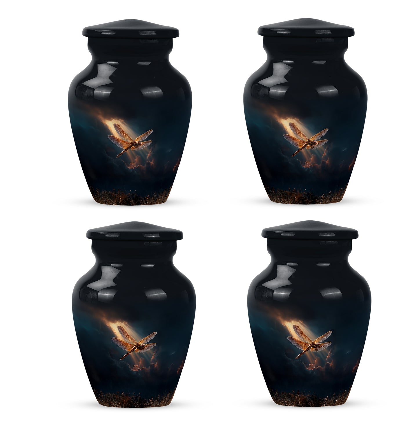 Steel Blue Dragonfly Cremation Urn side profile showing urn shape - traditional dragonfly engraving with hand-polished finish - 10 inch aluminum urn for cremated remains