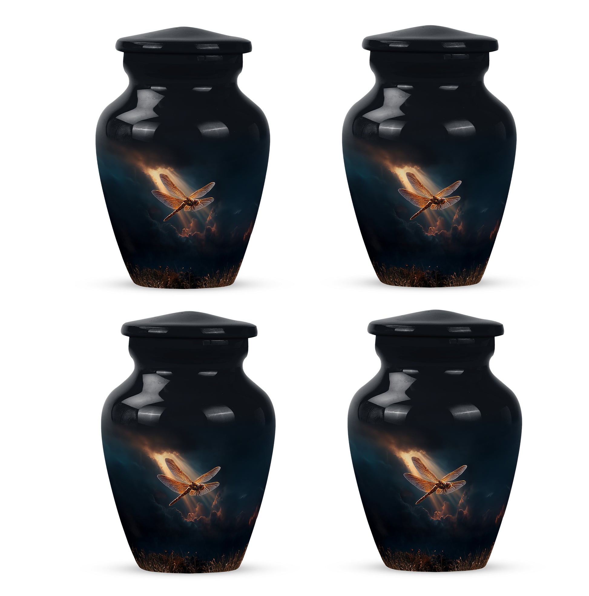 Steel Blue Dragonfly Cremation Urn side profile showing urn shape - traditional dragonfly engraving with hand-polished finish - 10 inch aluminum urn for cremated remains