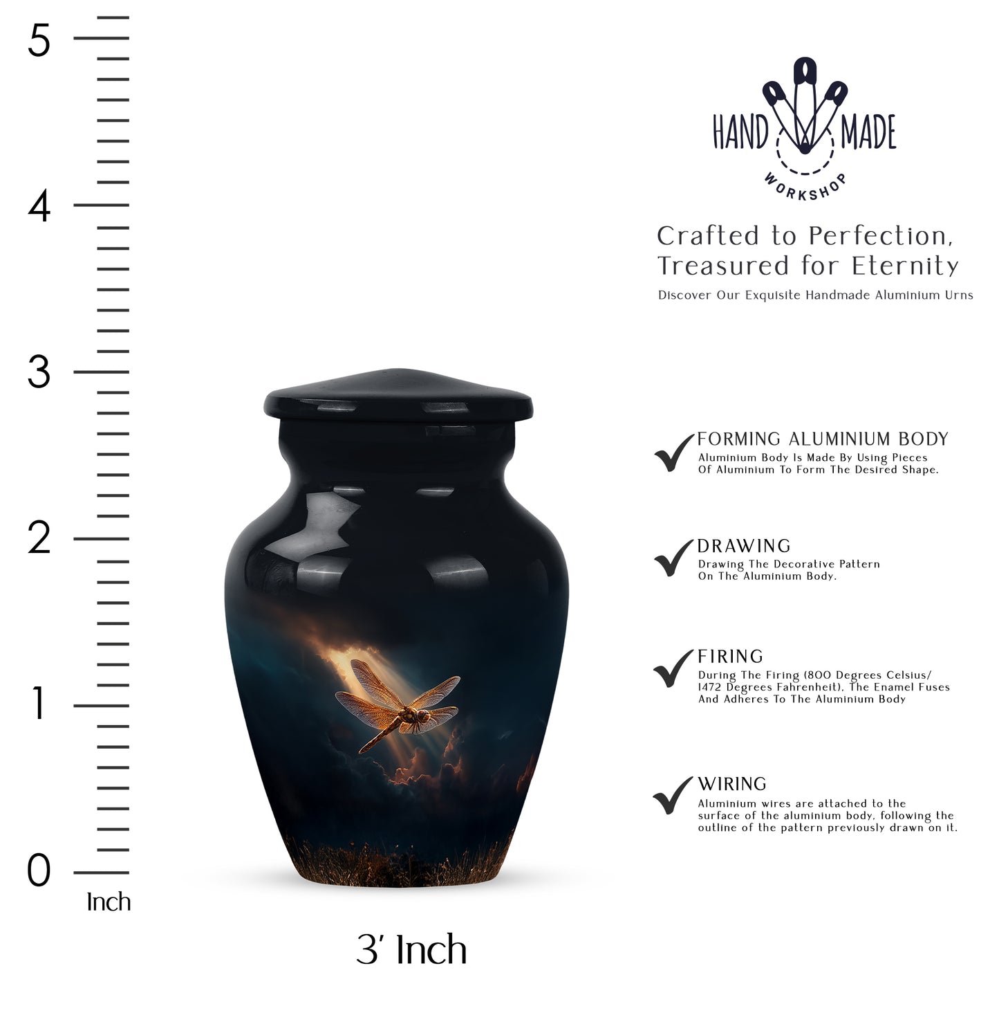 Royal Blue Dragonfly Cremation Urn close-up of engraving and surface detail - traditional dragonfly engraving with hand-polished finish - mini keepsake memorial for portion of cremation ashes