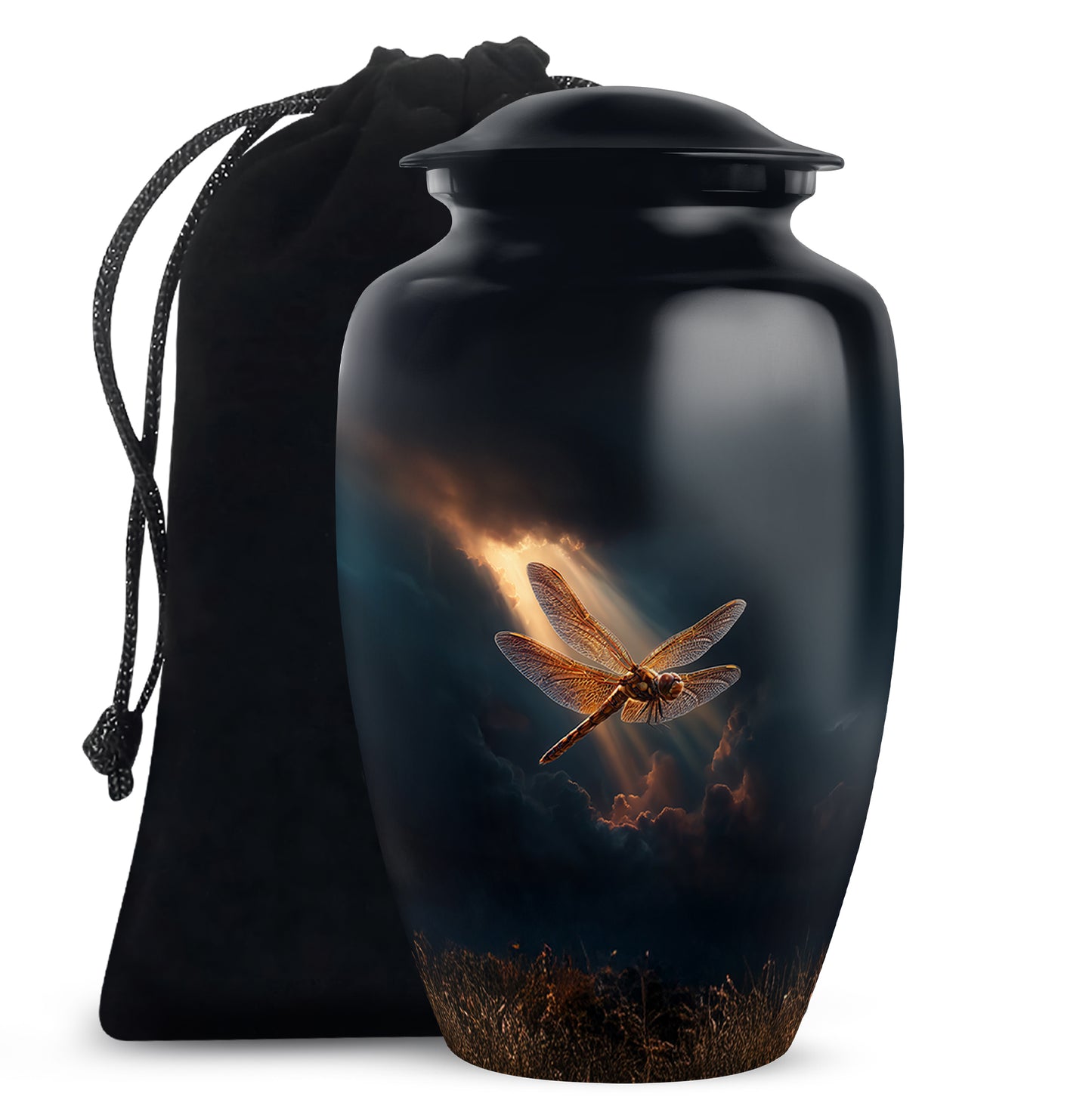 Slate Blue Dragonfly Cremation Urn angled view of lid and engraved motif - timeless dragonfly motif etched into premium metal - full-size 10 inch 200 cubic inch adult cremation urn