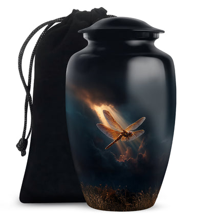 Slate Blue Dragonfly Cremation Urn angled view of lid and engraved motif - timeless dragonfly motif etched into premium metal - full-size 10 inch 200 cubic inch adult cremation urn