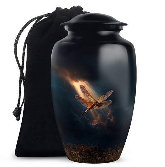 Slate Blue Dragonfly Cremation Urn angled view of lid and engraved motif - timeless dragonfly motif etched into premium metal - full-size 10 inch 200 cubic inch adult cremation urn