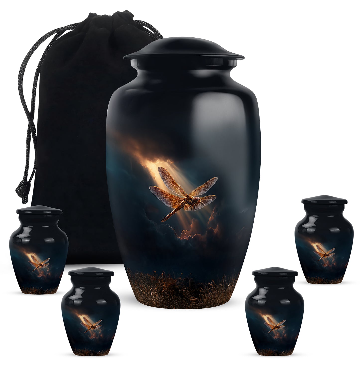Sky Blue Dragonfly Cremation Urn top-down view of secure threaded lid - classic sculpted dragonfly pattern on smooth aluminum - memorial set with one large and four small urns