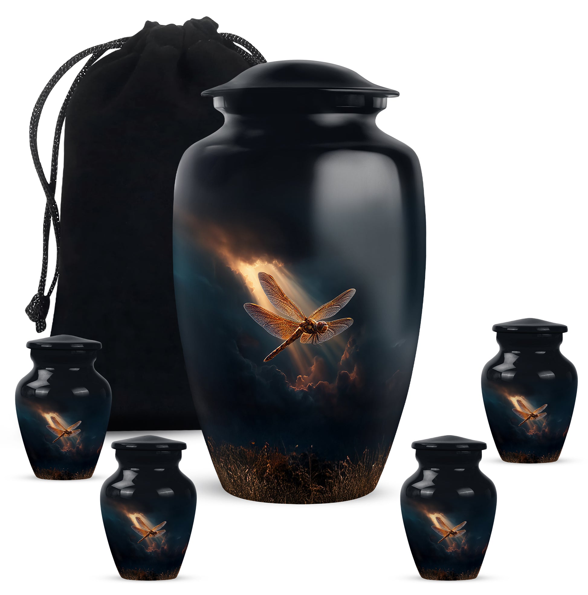 Sky Blue Dragonfly Cremation Urn top-down view of secure threaded lid - classic sculpted dragonfly pattern on smooth aluminum - memorial set with one large and four small urns