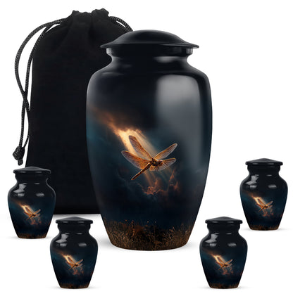 Sky Blue Dragonfly Cremation Urn top-down view of secure threaded lid - classic sculpted dragonfly pattern on smooth aluminum - memorial set with one large and four small urns