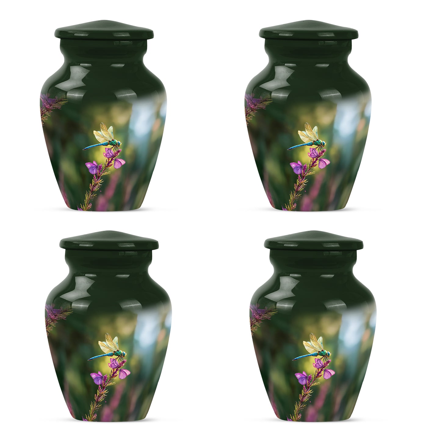 Jade Green Dragonfly Cremation Urn side profile showing urn shape - classic sculpted dragonfly pattern on smooth aluminum - 10 inch aluminum urn for cremated remains