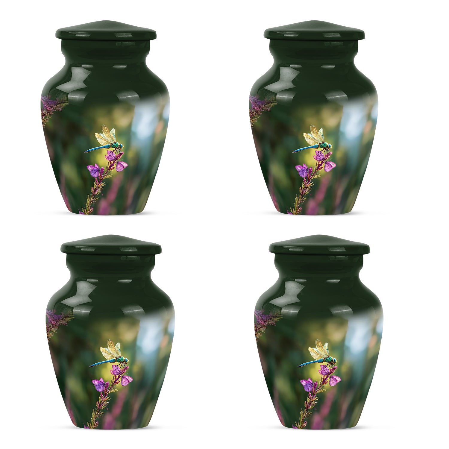 Jade Green Dragonfly Cremation Urn side profile showing urn shape - classic sculpted dragonfly pattern on smooth aluminum - 10 inch aluminum urn for cremated remains