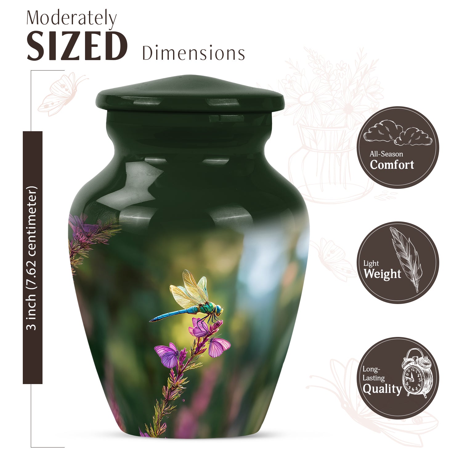 Moss Green Dragonfly Cremation Urn close-up of engraving and surface detail - timeless dragonfly motif etched into premium metal - mini keepsake memorial for portion of cremation ashes
