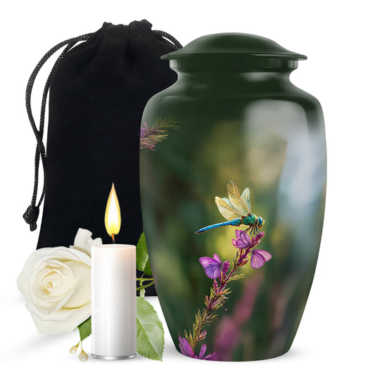 Hunter Green Dragonfly Cremation Urn angled view of lid and engraved motif - elegant classic dragonfly relief with fine detailing - full-size 10 inch 200 cubic inch adult cremation urn