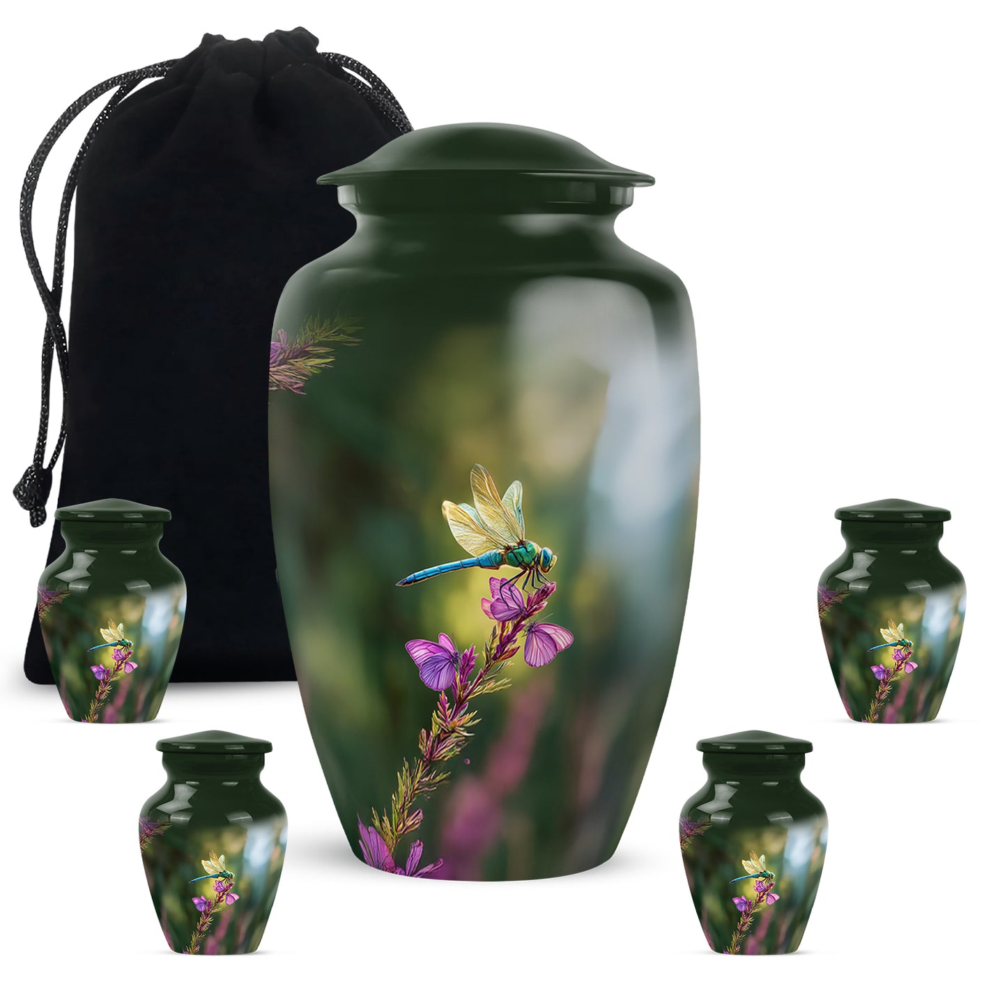 Olive Green Dragonfly Cremation Urn top-down view of secure threaded lid - traditional dragonfly engraving with hand-polished finish - memorial set with one large and four small urns