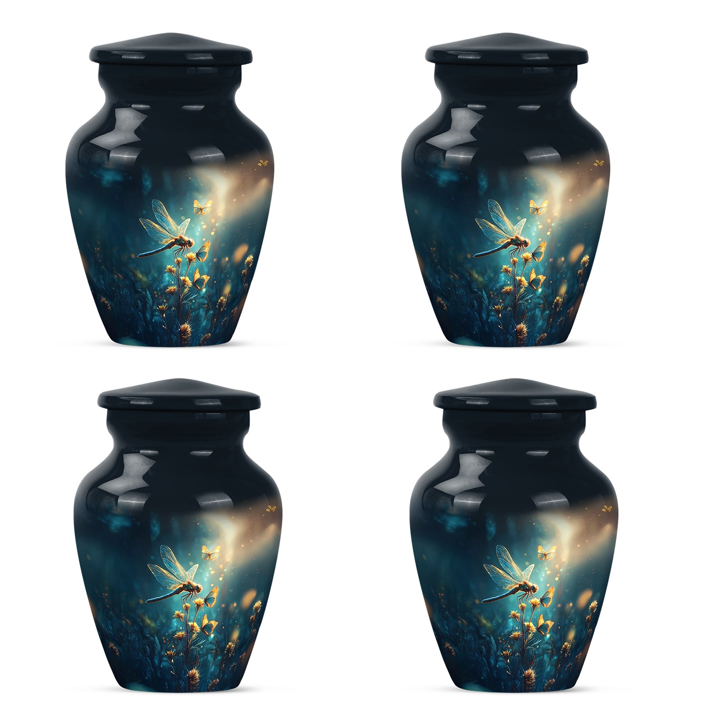 Royal Blue Dragonfly Cremation Urn side profile showing urn shape - traditional dragonfly engraving with hand-polished finish - 10 inch aluminum urn for cremated remains