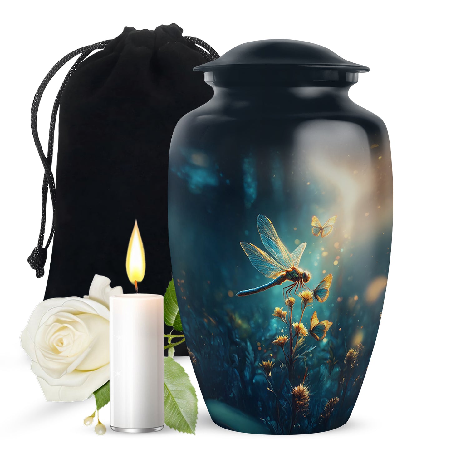 Celestial Blue Dragonfly Cremation Urn angled view of lid and engraved motif - classic sculpted dragonfly pattern on smooth aluminum - full-size 10 inch 200 cubic inch adult cremation urn