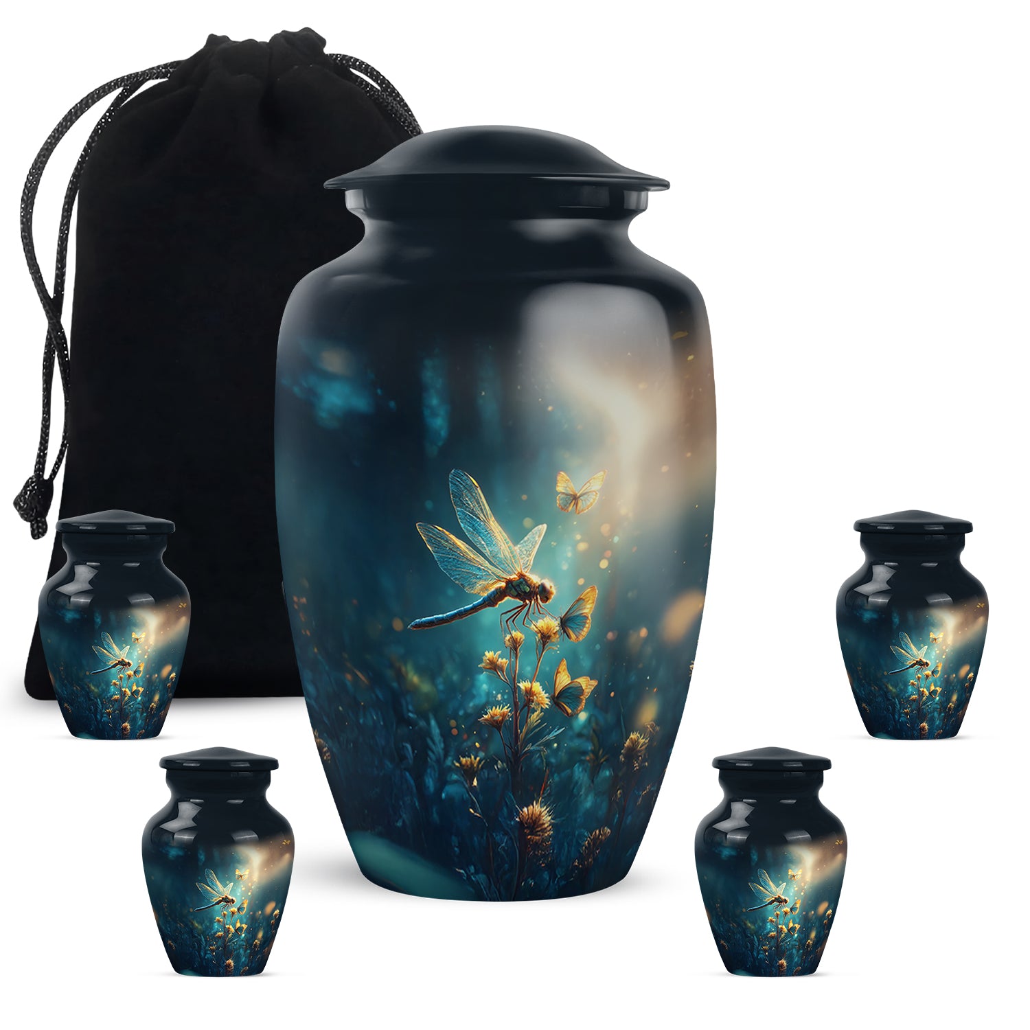 Indigo Dragonfly Cremation Urn top-down view of secure threaded lid - timeless dragonfly motif etched into premium metal - memorial set with one large and four small urns