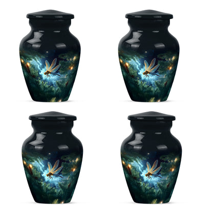 Serene Blue Dragonfly Cremation Urn side profile showing urn shape - elegant classic dragonfly relief with fine detailing - 10 inch aluminum urn for cremated remains