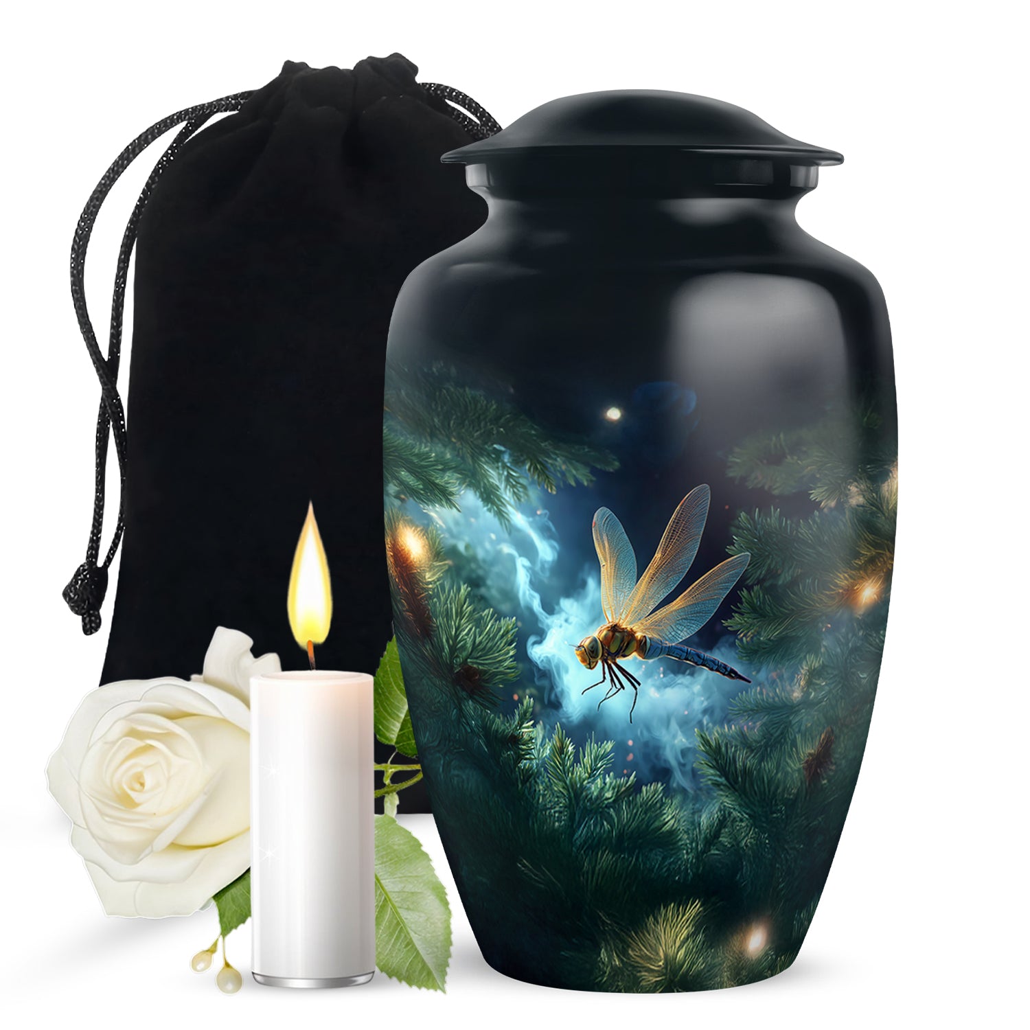 Bright Blue Dragonfly Cremation Urn angled view of lid and engraved motif - elegant classic dragonfly relief with fine detailing - full-size 10 inch 200 cubic inch adult cremation urn