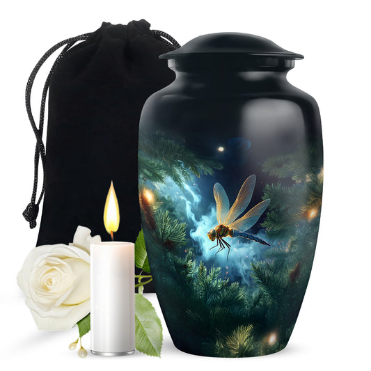 Bright Blue Dragonfly Cremation Urn angled view of lid and engraved motif - elegant classic dragonfly relief with fine detailing - full-size 10 inch 200 cubic inch adult cremation urn