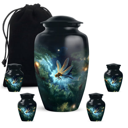 Cobalt Blue Dragonfly Cremation Urn top-down view of secure threaded lid - traditional dragonfly engraving with hand-polished finish - memorial set with one large and four small urns