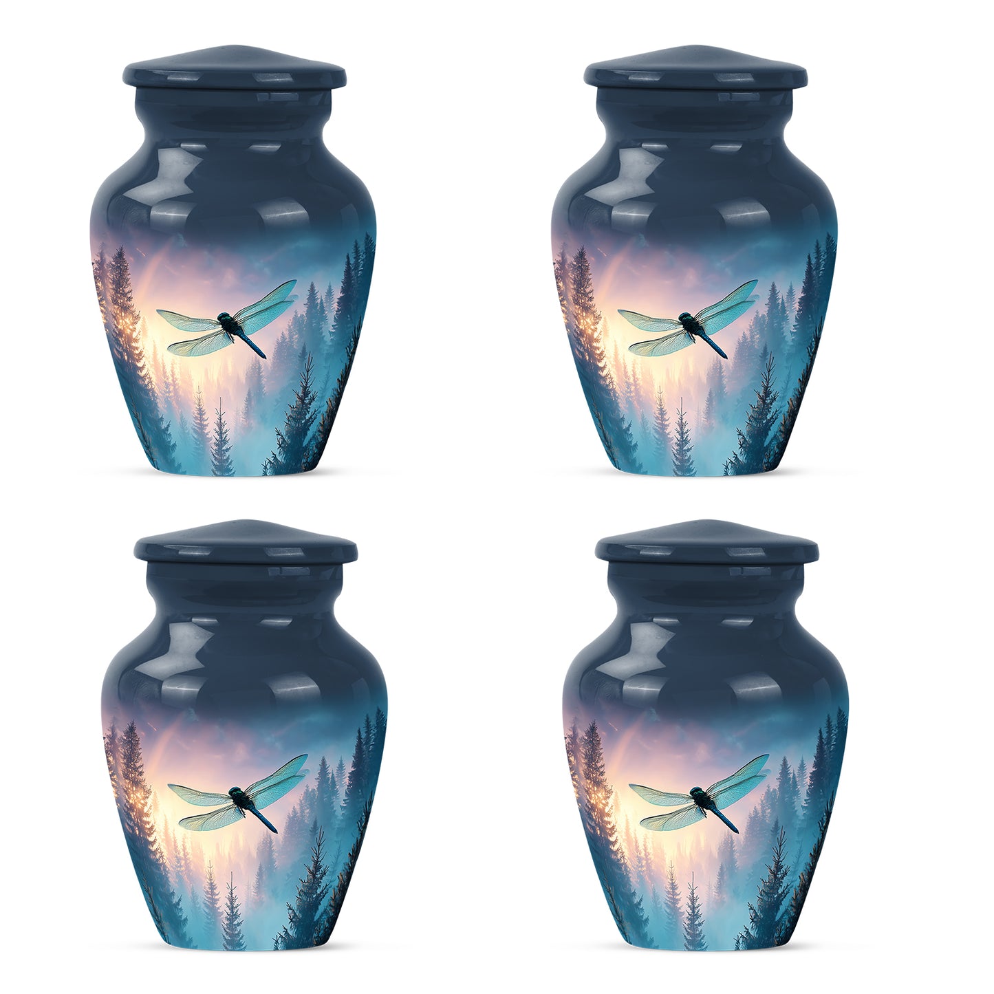 Steel Blue Dragonfly Cremation Urn side profile showing urn shape - traditional dragonfly engraving with hand-polished finish - 10 inch aluminum urn for cremated remains