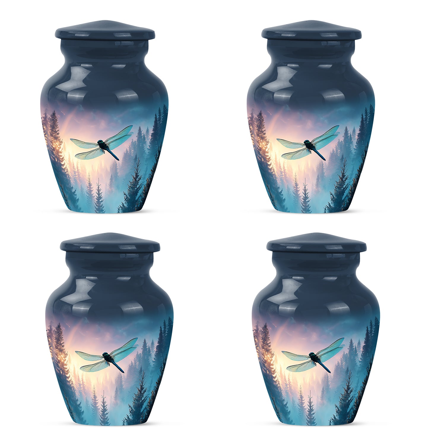 Steel Blue Dragonfly Cremation Urn side profile showing urn shape - traditional dragonfly engraving with hand-polished finish - 10 inch aluminum urn for cremated remains