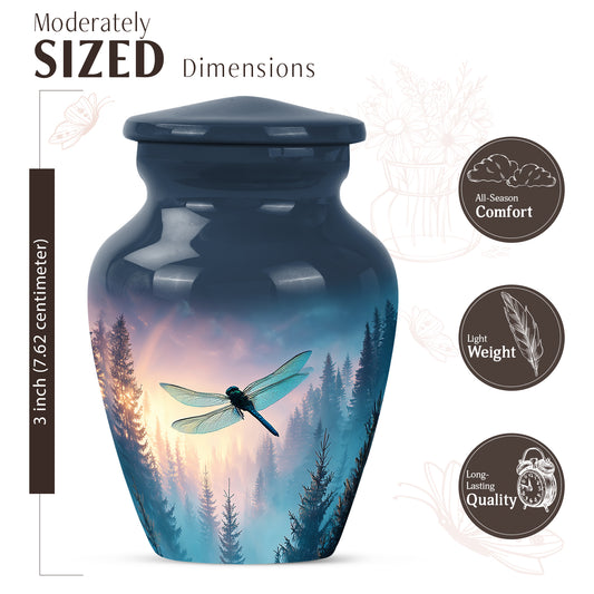 Celestial Blue Dragonfly Cremation Urn close-up of engraving and surface detail - classic sculpted dragonfly pattern on smooth aluminum - mini keepsake memorial for portion of cremation ashes