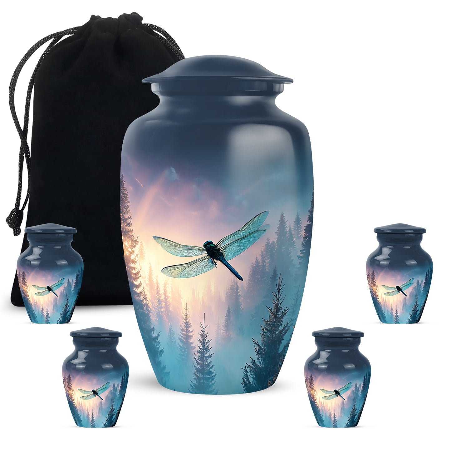 Navy Blue Dragonfly Cremation Urn top-down view of secure threaded lid - timeless dragonfly motif etched into premium metal - memorial set with one large and four small urns