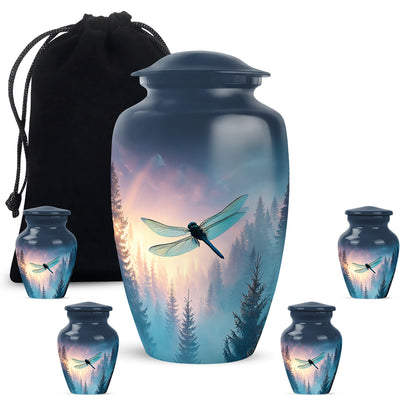 Navy Blue Dragonfly Cremation Urn top-down view of secure threaded lid - timeless dragonfly motif etched into premium metal - memorial set with one large and four small urns