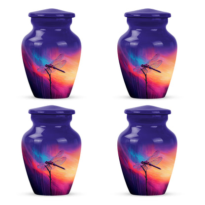 Slate Blue Dragonfly Cremation Urn side profile showing urn shape - classic sculpted dragonfly pattern on smooth aluminum - 10 inch aluminum urn for cremated remains