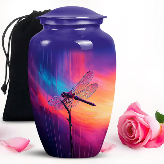 Cornflower Blue Dragonfly Cremation Urn angled view of lid and engraved motif - elegant classic dragonfly relief with fine detailing - full-size 10 inch 200 cubic inch adult cremation urn