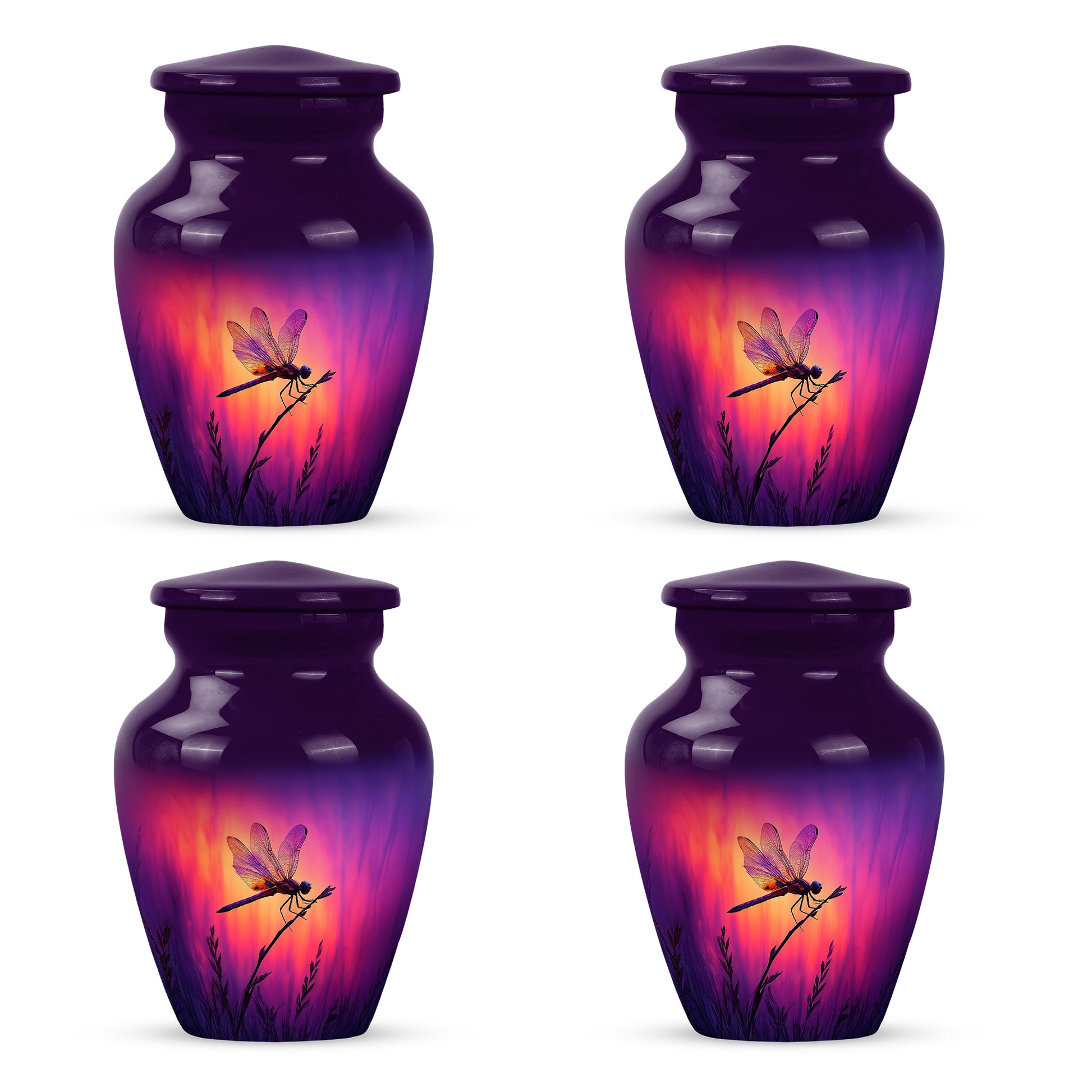 Orchid Purple Dragonfly Cremation Urn side profile showing urn shape - timeless dragonfly motif etched into premium metal - 10 inch aluminum urn for cremated remains