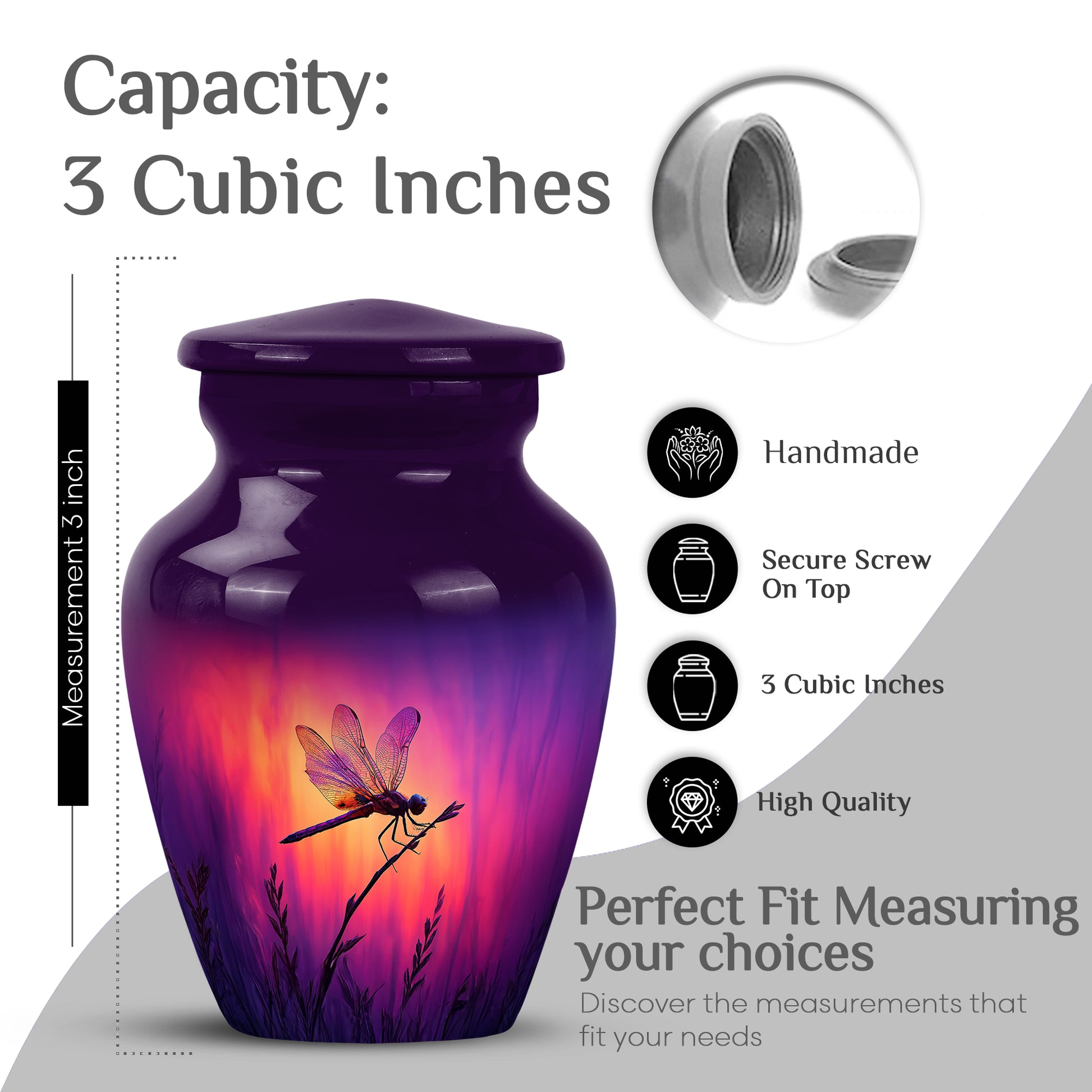 Twilight Purple Dragonfly Cremation Urn close-up of engraving and surface detail - traditional dragonfly engraving with hand-polished finish - mini keepsake memorial for portion of cremation ashes