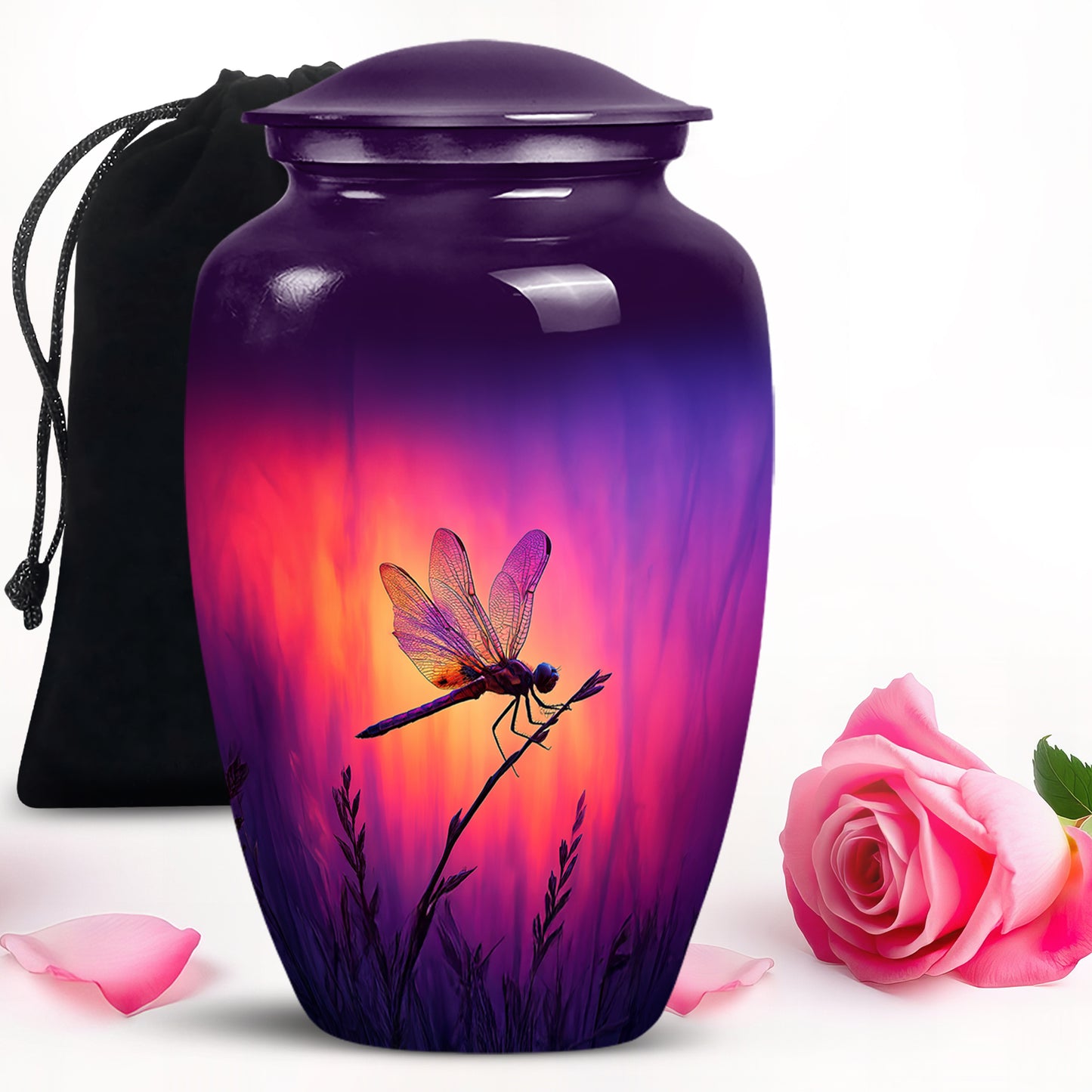 Amethyst Purple Dragonfly Cremation Urn angled view of lid and engraved motif - timeless dragonfly motif etched into premium metal - full-size 10 inch 200 cubic inch adult cremation urn