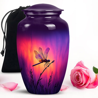 Amethyst Purple Dragonfly Cremation Urn angled view of lid and engraved motif - timeless dragonfly motif etched into premium metal - full-size 10 inch 200 cubic inch adult cremation urn