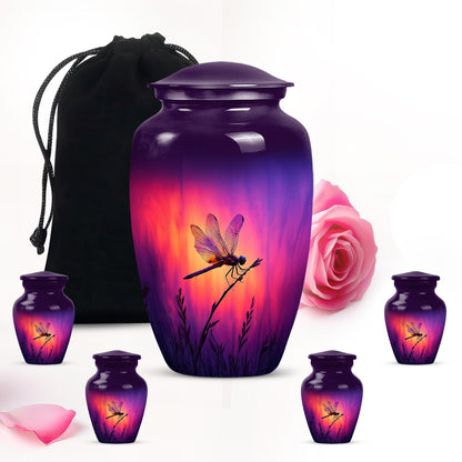 Lavender Purple Dragonfly Cremation Urn top-down view of secure threaded lid - traditional dragonfly engraving with hand-polished finish - memorial set with one large and four small urns