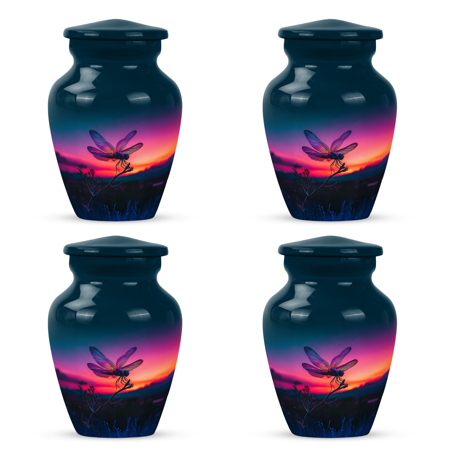 Bright Blue Dragonfly Cremation Urn side profile showing urn shape - elegant classic dragonfly relief with fine detailing - 10 inch aluminum urn for cremated remains