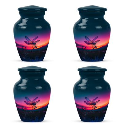 Bright Blue Dragonfly Cremation Urn side profile showing urn shape - elegant classic dragonfly relief with fine detailing - 10 inch aluminum urn for cremated remains