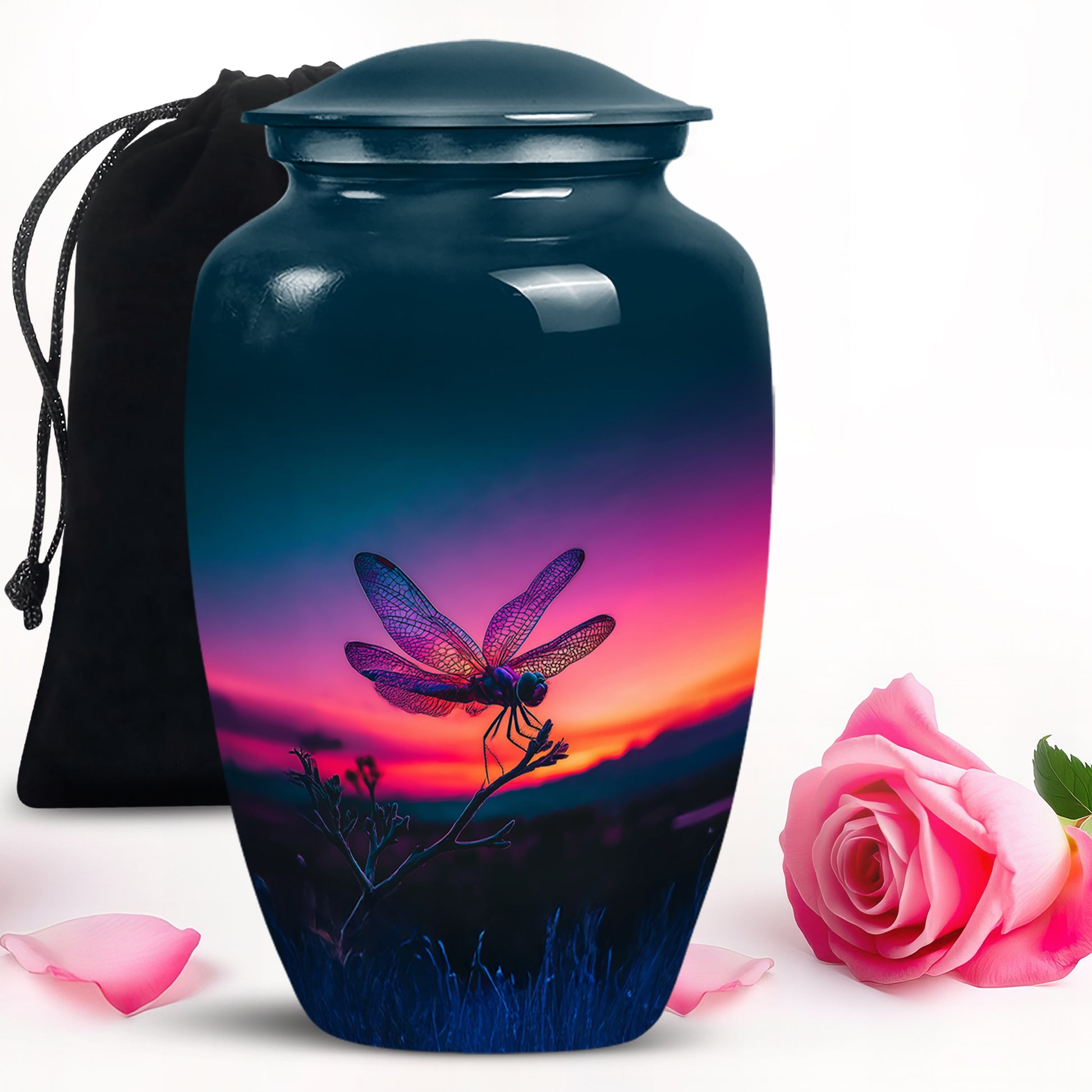 Dusty Blue Dragonfly Cremation Urn angled view of lid and engraved motif - timeless dragonfly motif etched into premium metal - full-size 10 inch 200 cubic inch adult cremation urn