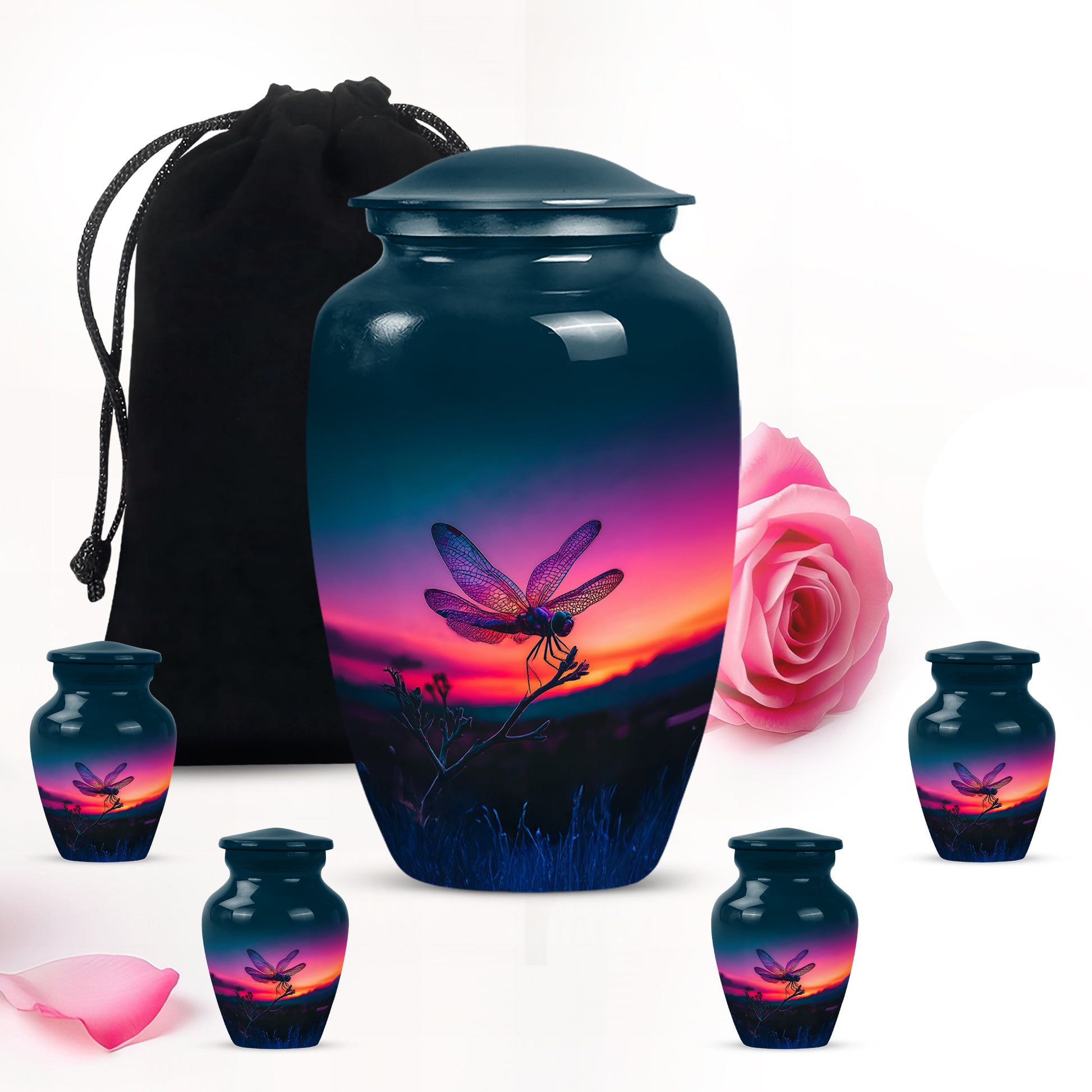 Calming Blue Dragonfly Cremation Urn top-down view of secure threaded lid - traditional dragonfly engraving with hand-polished finish - memorial set with one large and four small urns
