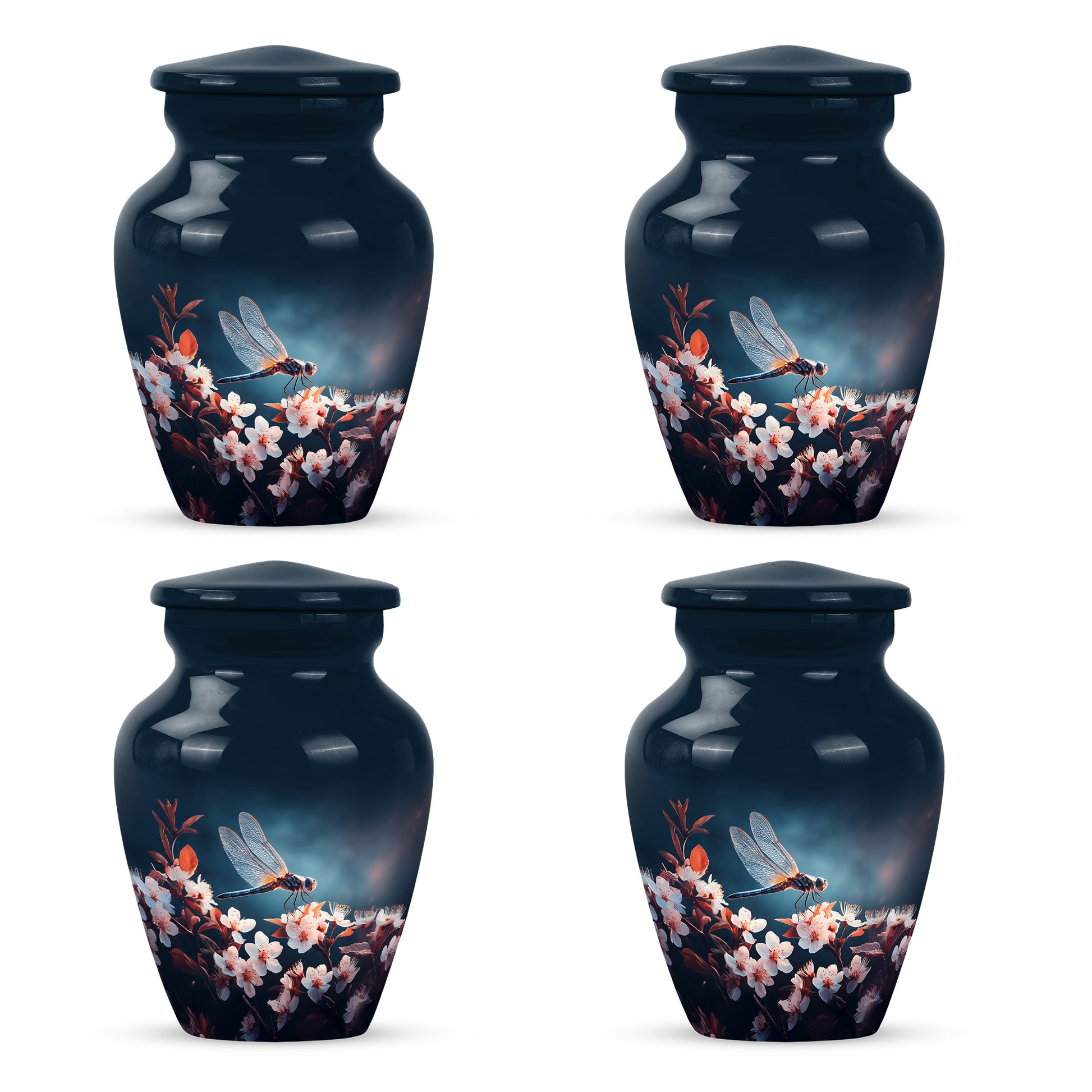 Celestial Blue Dragonfly Cremation Urn side profile showing urn shape - timeless dragonfly motif etched into premium metal - 10 inch aluminum urn for cremated remains