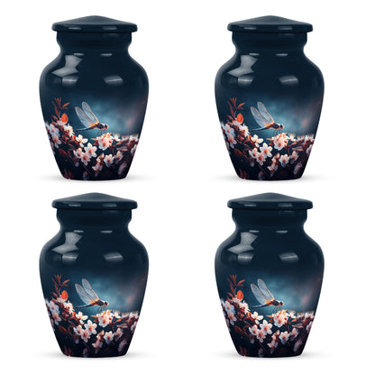Celestial Blue Dragonfly Cremation Urn side profile showing urn shape - timeless dragonfly motif etched into premium metal - 10 inch aluminum urn for cremated remains