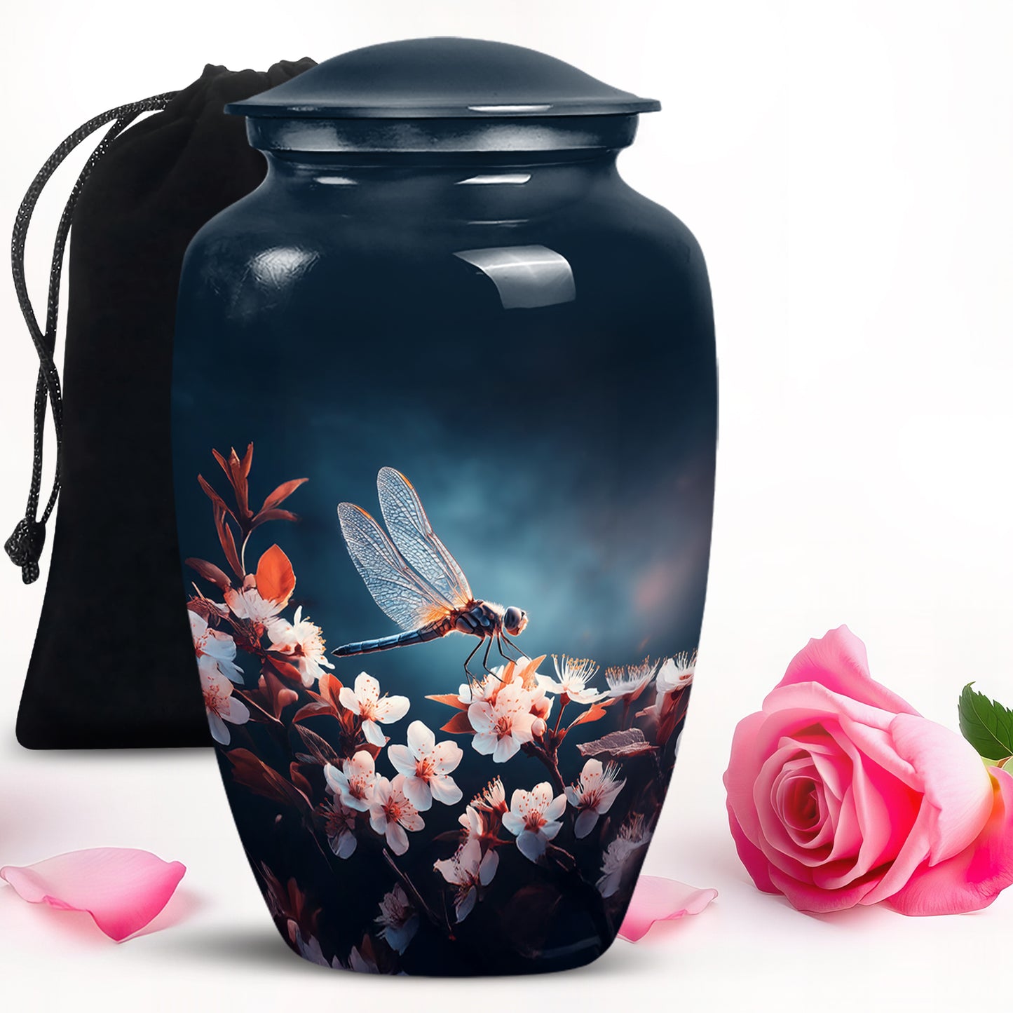 Sapphire Blue Dragonfly Cremation Urn angled view of lid and engraved motif - traditional dragonfly engraving with hand-polished finish - full-size 10 inch 200 cubic inch adult cremation urn