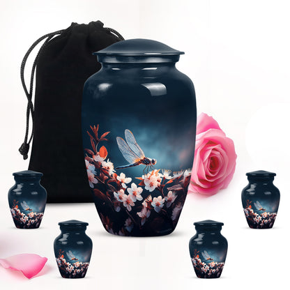 Indigo Dragonfly Cremation Urn top-down view of secure threaded lid - classic sculpted dragonfly pattern on smooth aluminum - memorial set with one large and four small urns