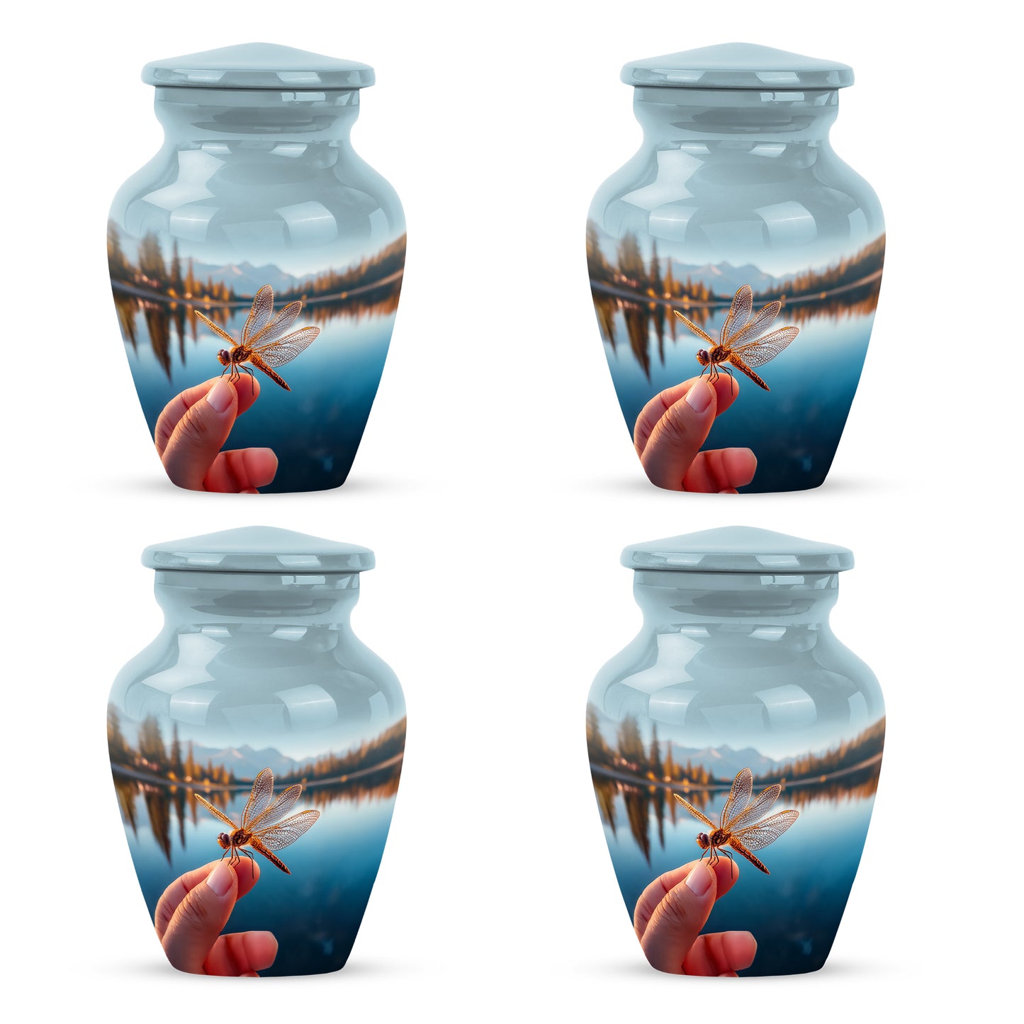 Pastel Blue Dragonfly Cremation Urn side profile showing urn shape - classic sculpted dragonfly pattern on smooth aluminum - 10 inch aluminum urn for cremated remains