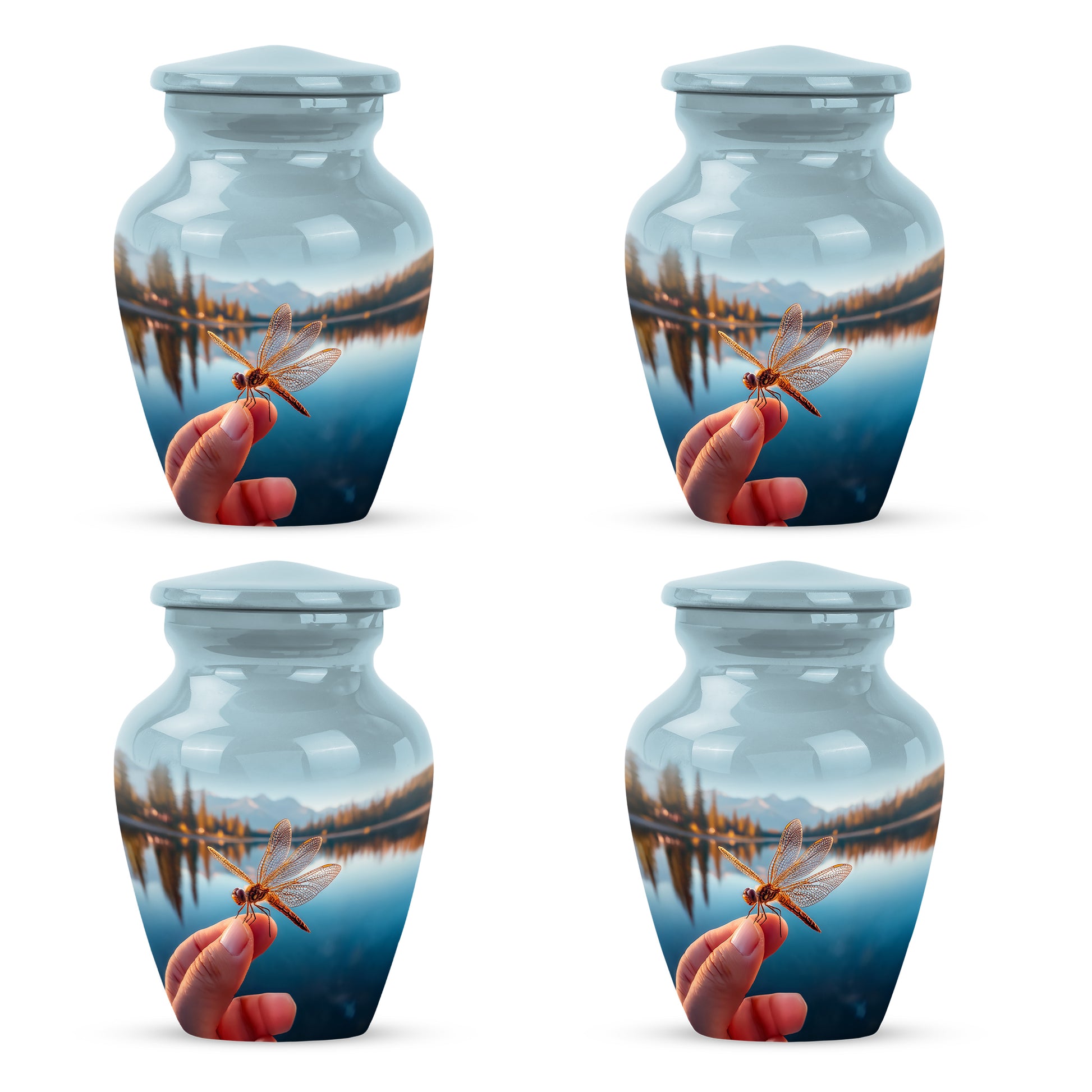 Pastel Blue Dragonfly Cremation Urn side profile showing urn shape - classic sculpted dragonfly pattern on smooth aluminum - 10 inch aluminum urn for cremated remains
