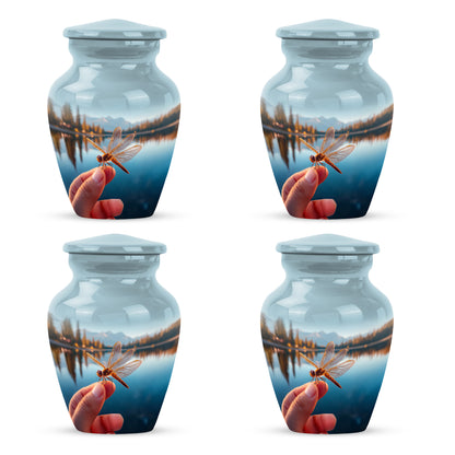 Pastel Blue Dragonfly Cremation Urn side profile showing urn shape - classic sculpted dragonfly pattern on smooth aluminum - 10 inch aluminum urn for cremated remains