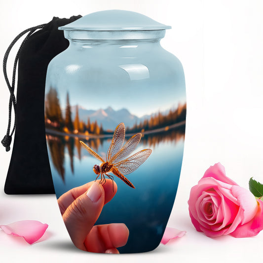 Sapphire Blue Dragonfly Cremation Urn angled view of lid and engraved motif - elegant classic dragonfly relief with fine detailing - full-size 10 inch 200 cubic inch adult cremation urn